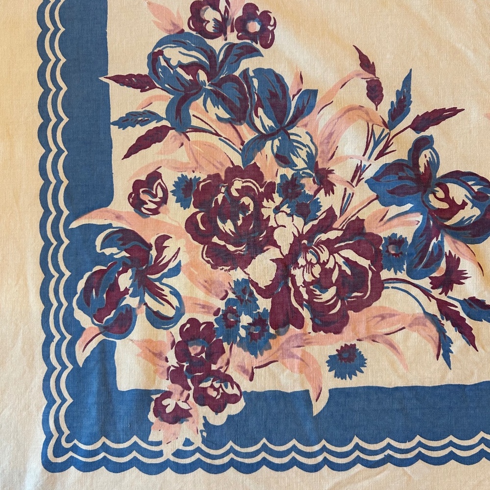 Vintage Blue, pink and plum floral tablecloth 50” x 46”